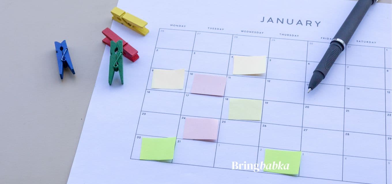 A calendar with specific dates circled in pen and connecting arrows showing a timeline